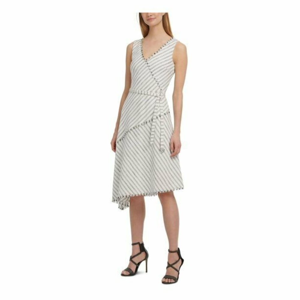 DKNY Women's Sleeveless Striped Black/White Asymmetrical Midi V-Neck Dress‎ SZ 6